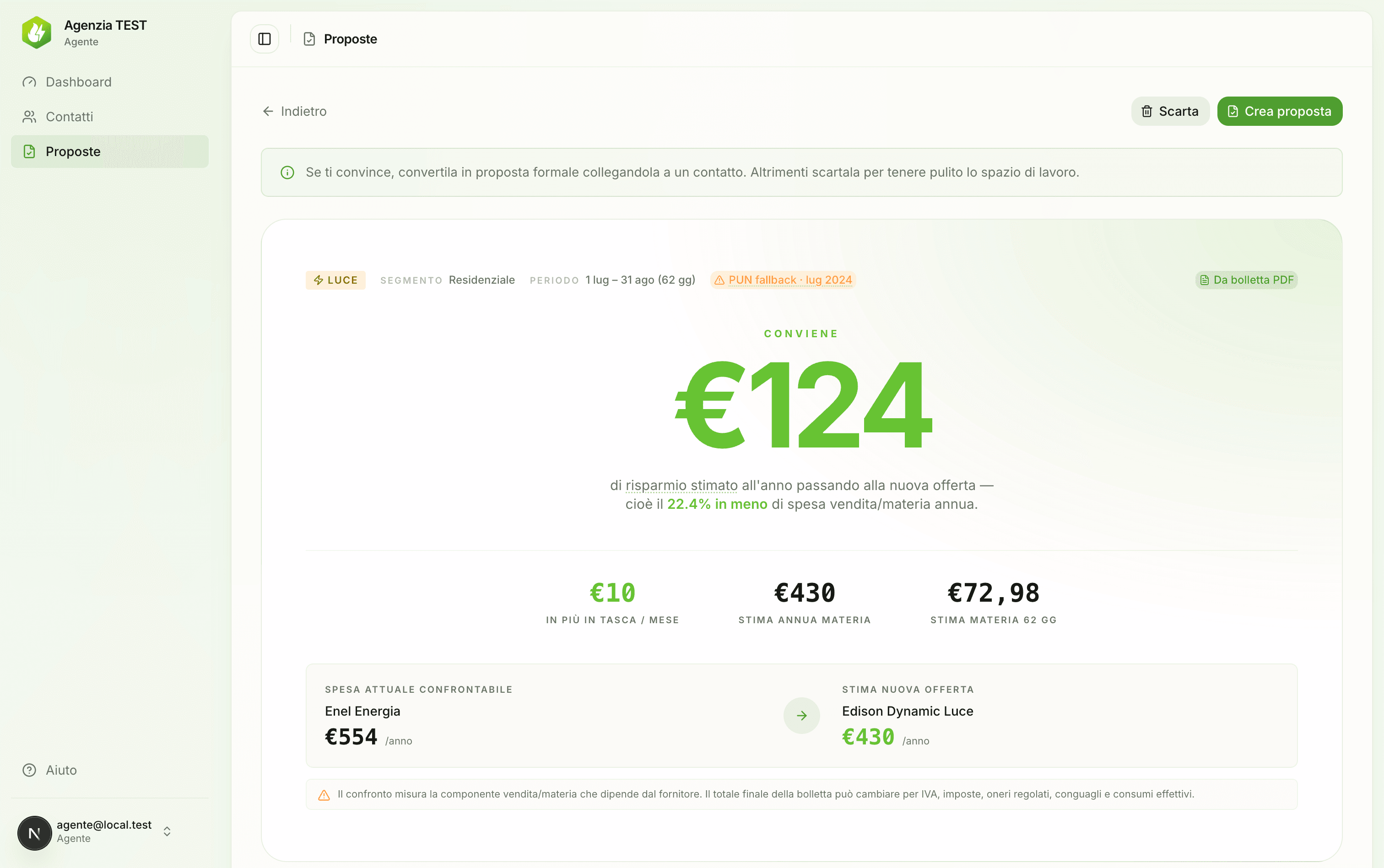 Risultato di una simulazione EnergyPick con risparmio annuo decomposto